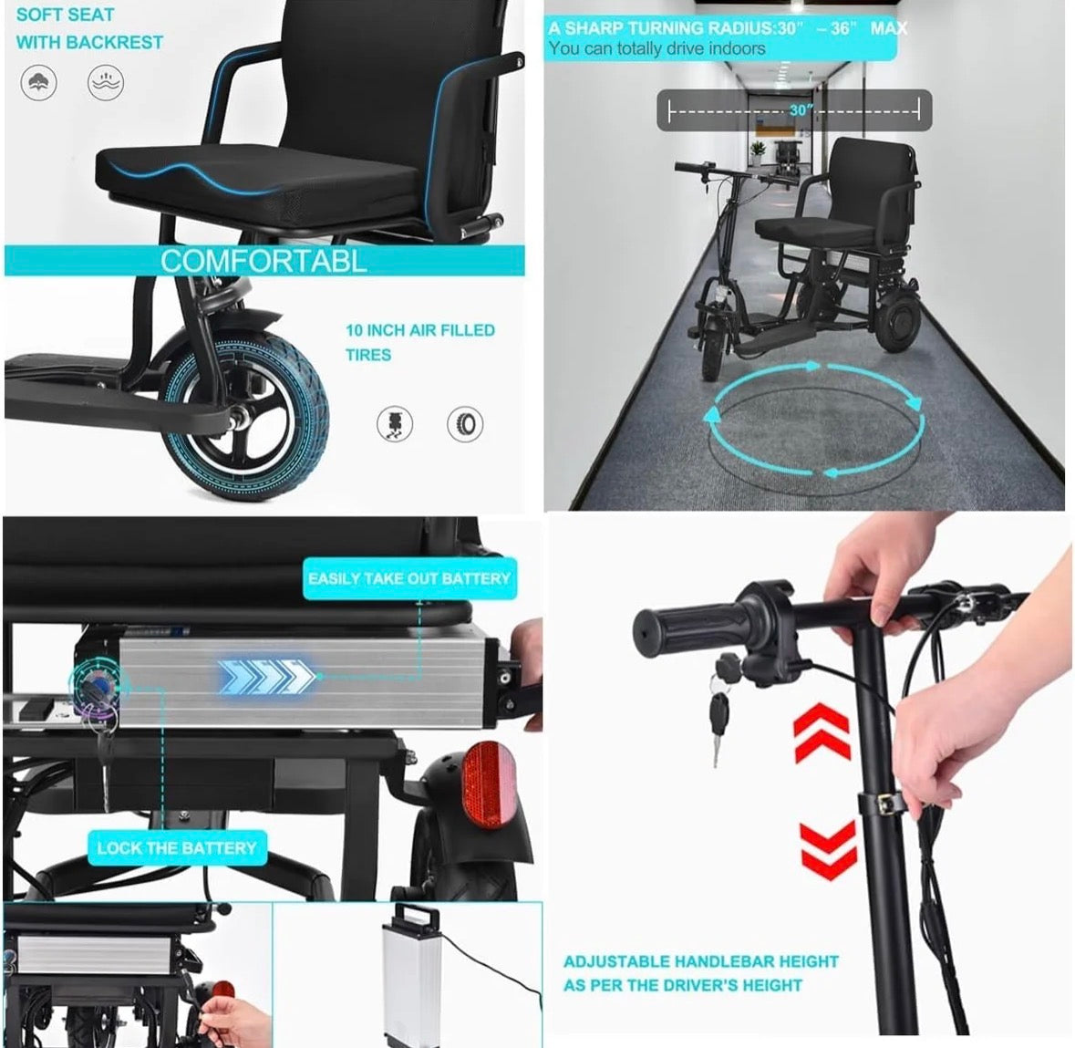 SCOTE-48350 Folding Mobility Scooter 3 Wheel Li-ion Dual Motor 700W, 20 Mile Range